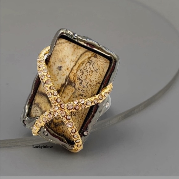ALEXIS BITTAR • NEW Elements Gunmetal Gold Picture Jasper Crystal Orbiting Ring - Picture 9 of 11